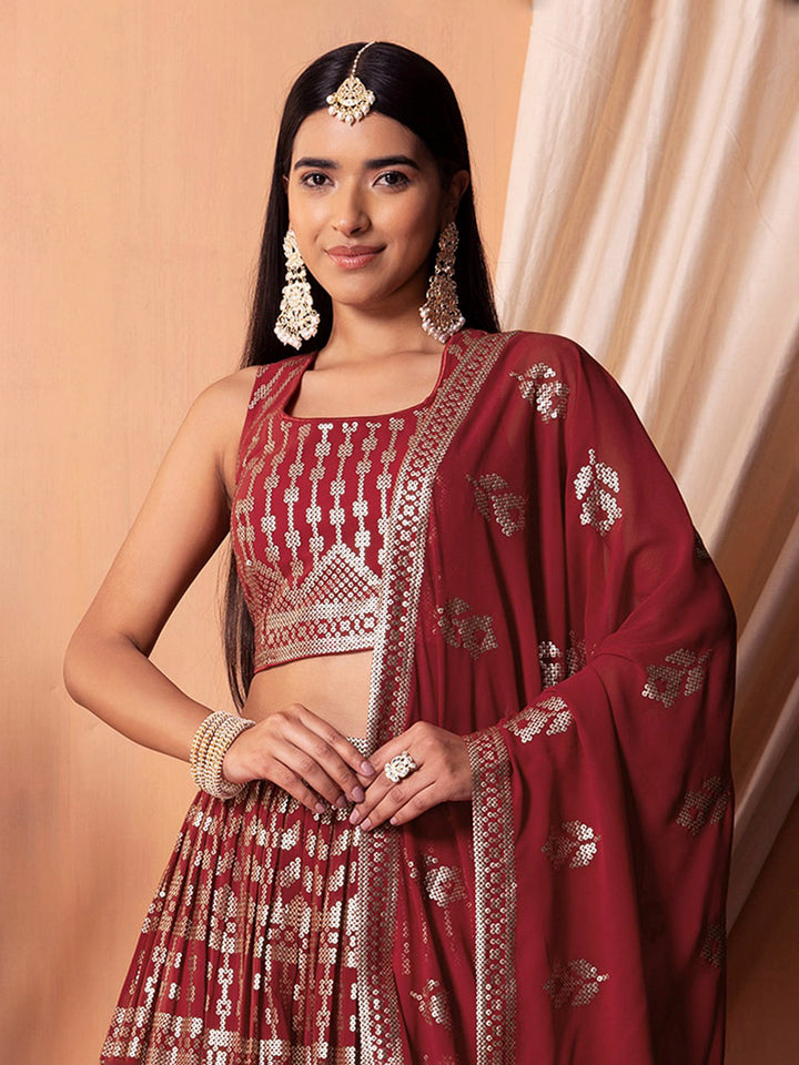 Maroon Georgette Embroidered Semi Stitched Lehenga Choli with Dupatta