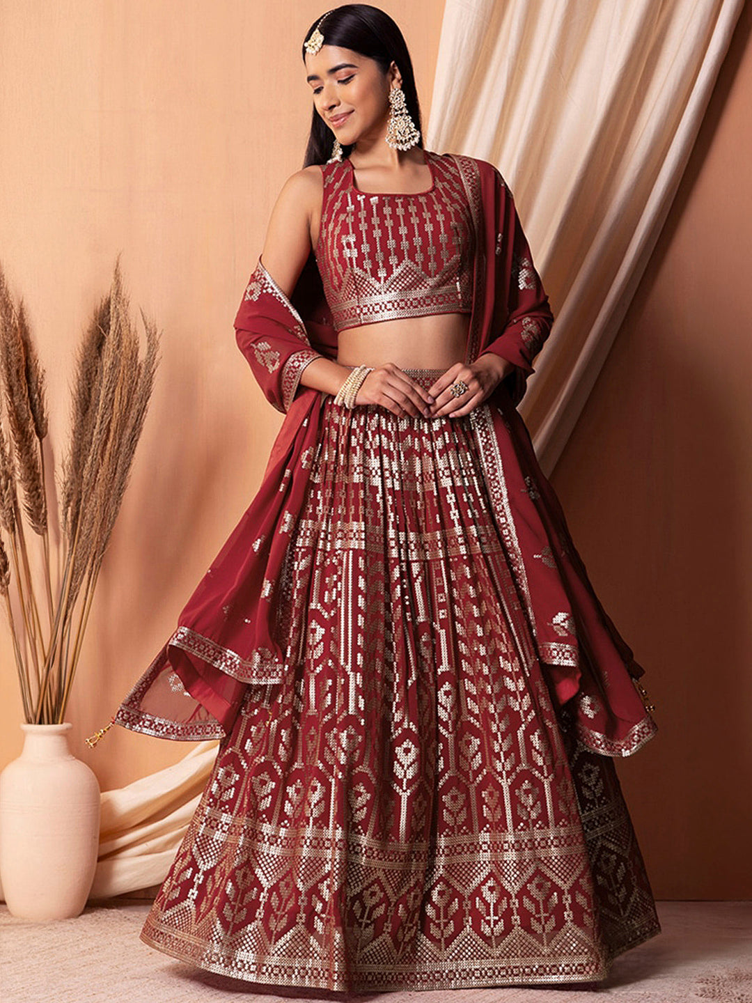 Maroon Georgette Embroidered Semi Stitched Lehenga Choli with Dupatta