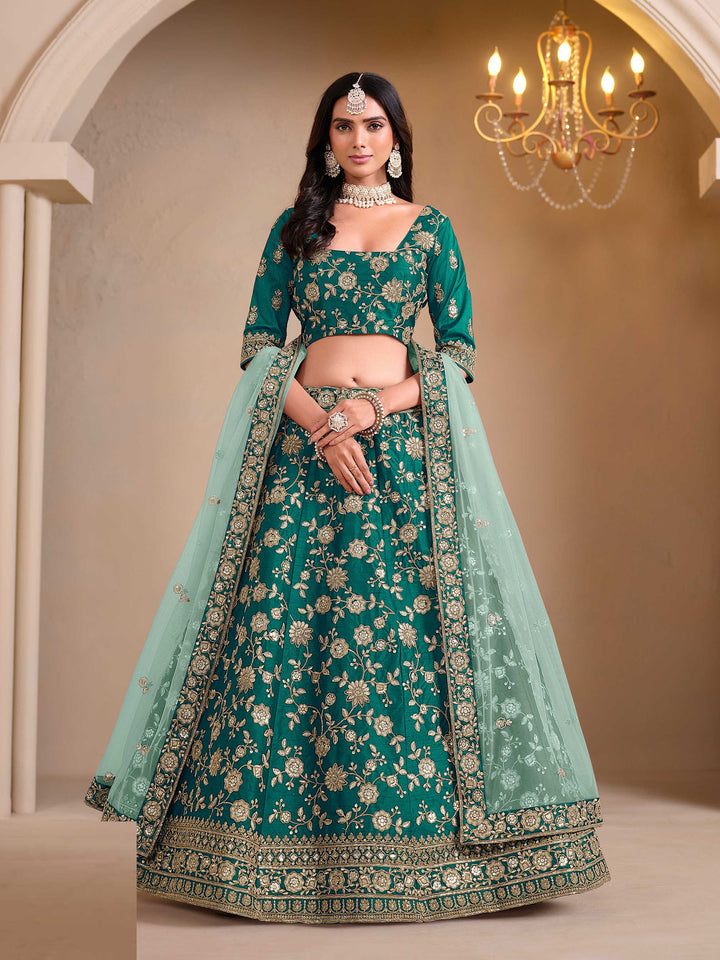 Teal Green Embroidered Art Silk Semi Stitched Kurta Choli With Lehenga &amp; Dupatta