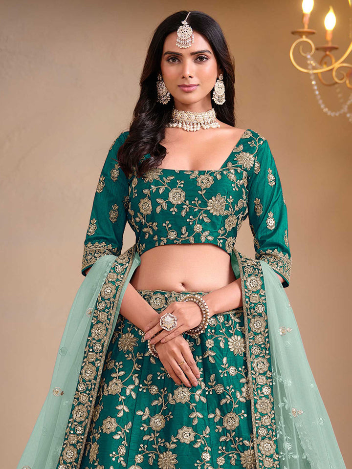 Teal Green Embroidered Art Silk Semi Stitched Kurta Choli With Lehenga &amp; Dupatta