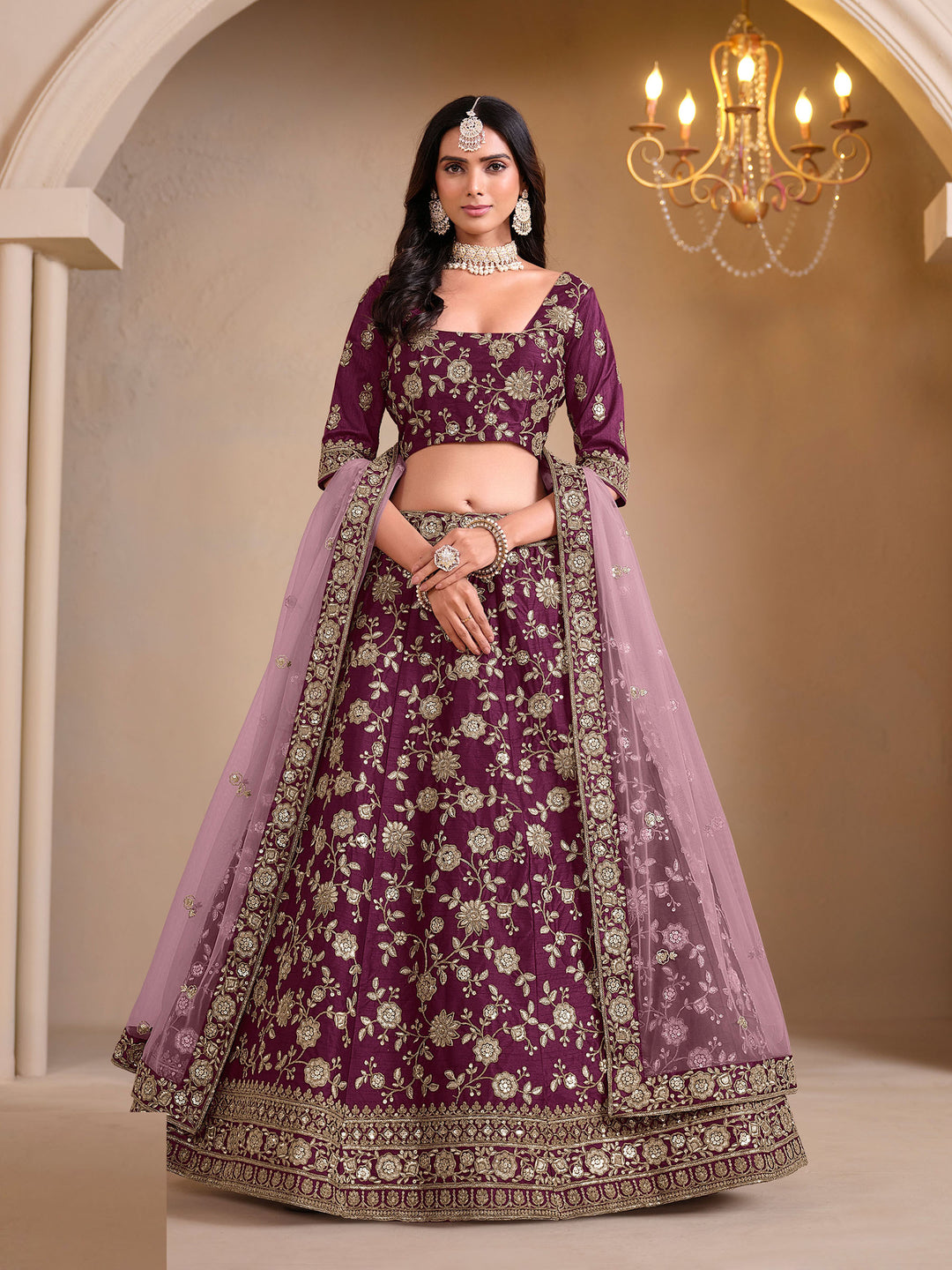 Purple Embroidered Art Silk Semi Stitched Kurta Choli With Lehenga &amp; Dupatta