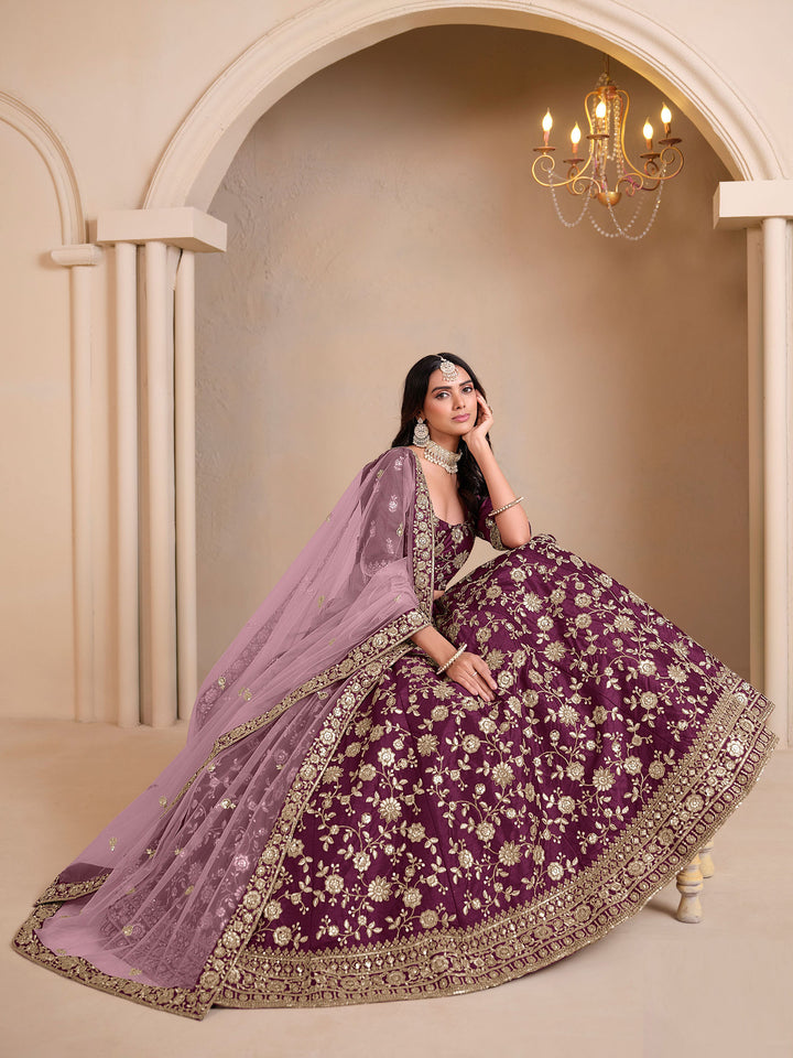 Purple Embroidered Art Silk Semi Stitched Kurta Choli With Lehenga &amp; Dupatta