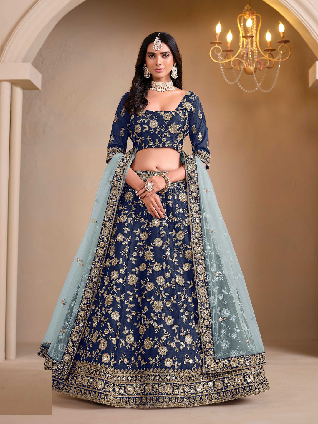 Blue Embroidered Art Silk Semi Stitched Kurta Choli With Lehenga &amp; Dupatta