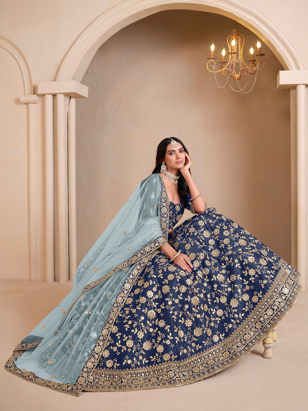 Blue Embroidered Art Silk Semi Stitched Kurta Choli With Lehenga &amp; Dupatta