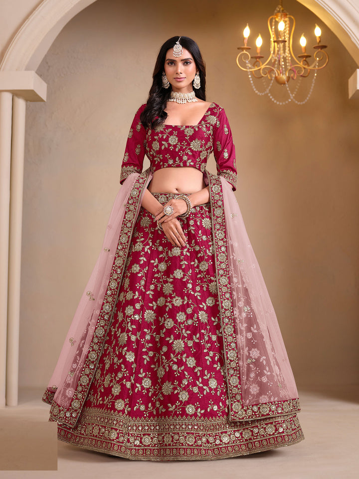 Pink Embroidered Art Silk Semi Stitched Kurta Choli With Lehenga &amp; Dupatta