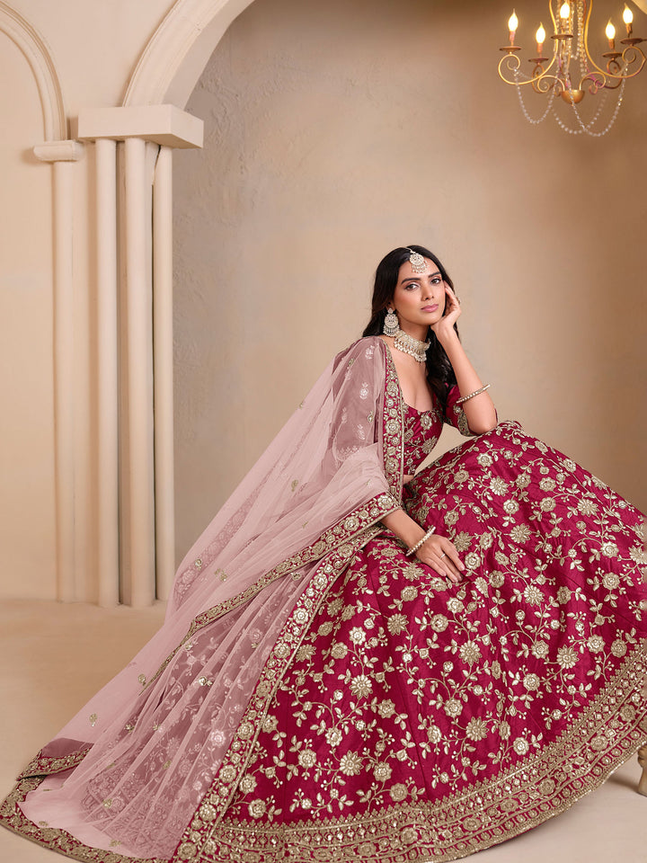 Pink Embroidered Art Silk Semi Stitched Kurta Choli With Lehenga &amp; Dupatta