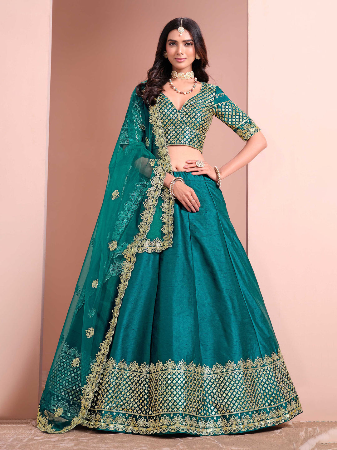 Turquoise Embroidered Art Silk Semi Stitched Kurta Choli With Lehenga &amp; Dupatta