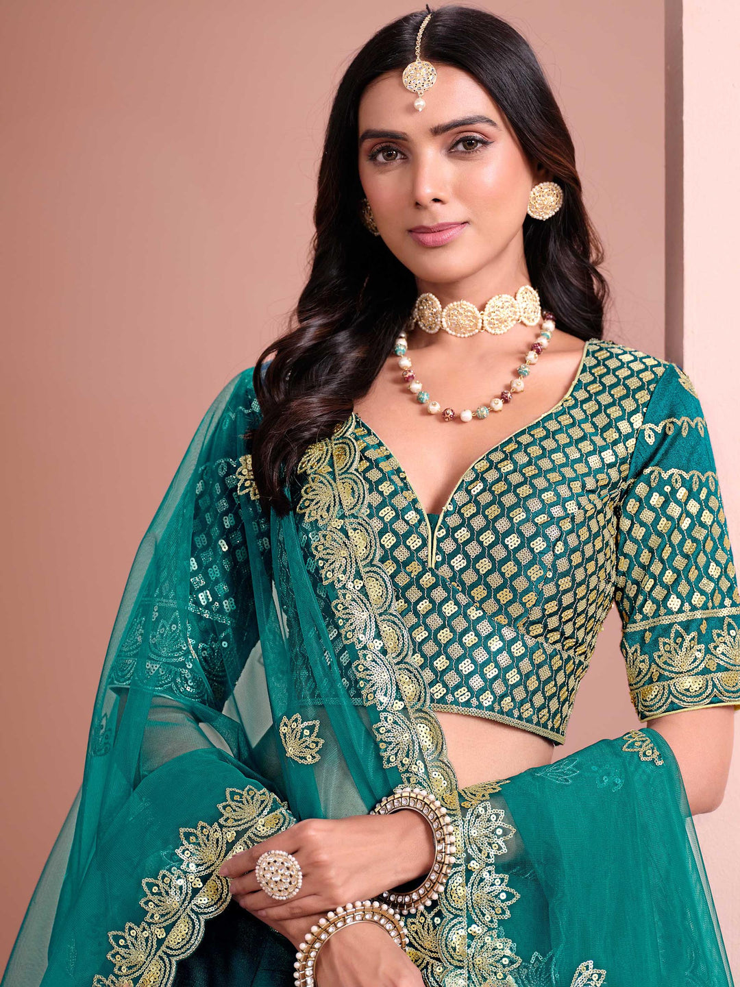 Turquoise Embroidered Art Silk Semi Stitched Kurta Choli With Lehenga &amp; Dupatta