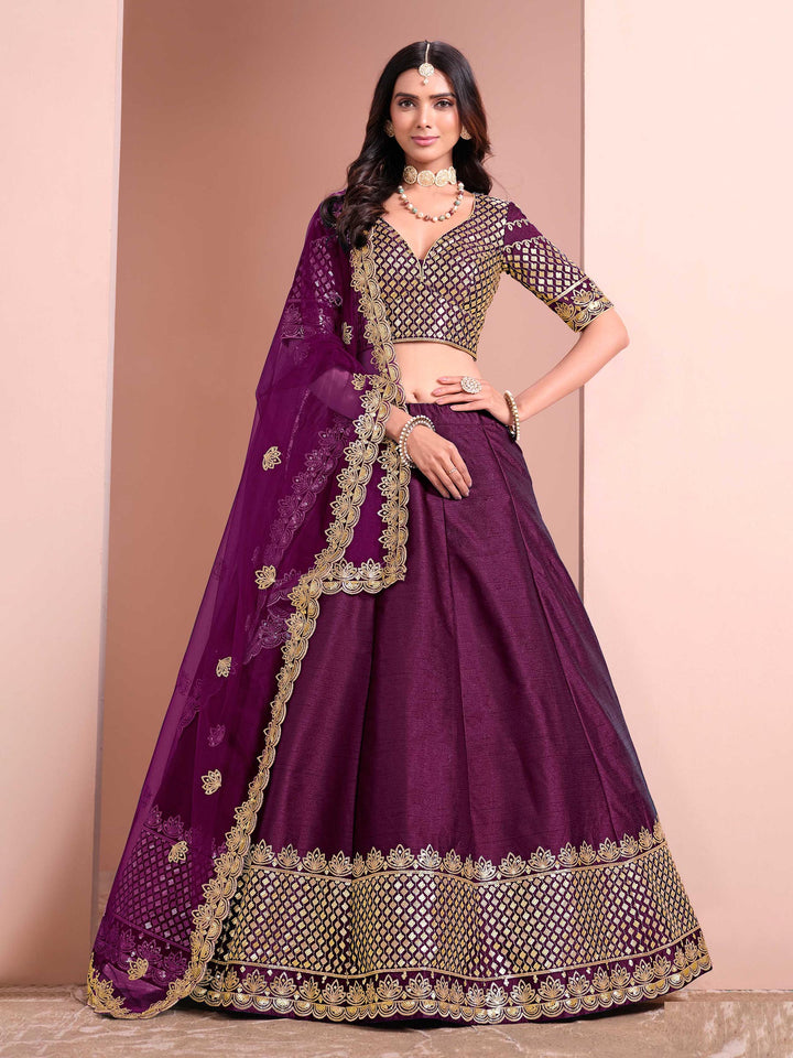 Purple Embroidered Art Silk Semi Stitched Kurta Choli With Lehenga &amp; Dupatta