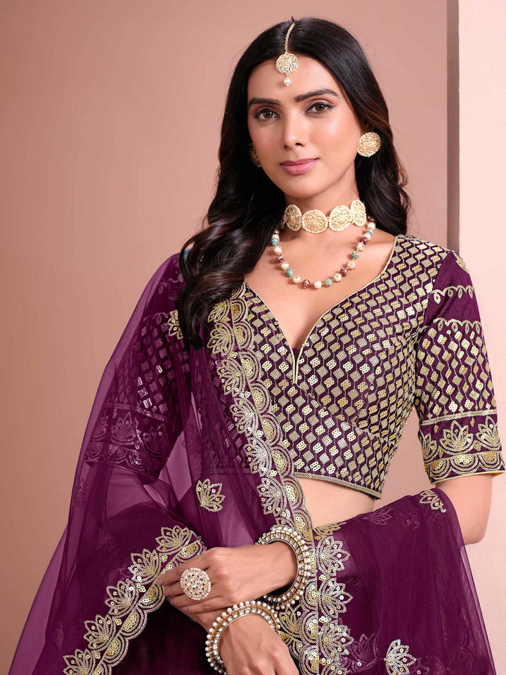 Purple Embroidered Art Silk Semi Stitched Kurta Choli With Lehenga &amp; Dupatta