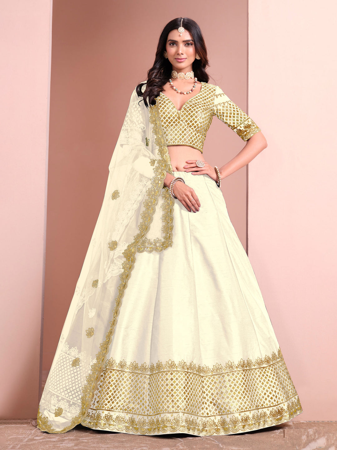 Off White Embroidered Art Silk Semi Stitched Kurta Choli With Lehenga &amp; Dupatta