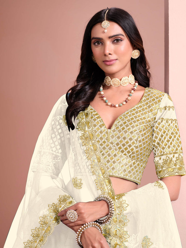Off White Embroidered Art Silk Semi Stitched Kurta Choli With Lehenga &amp; Dupatta