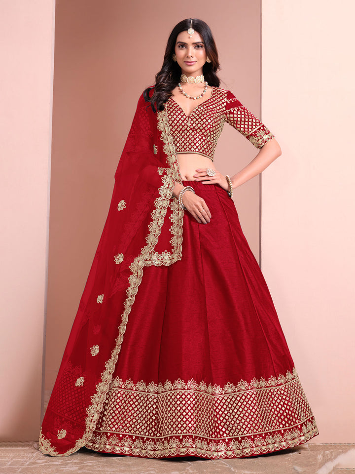 Red Embroidered Art Silk Semi Stitched Kurta Choli With Lehenga &amp; Dupatta