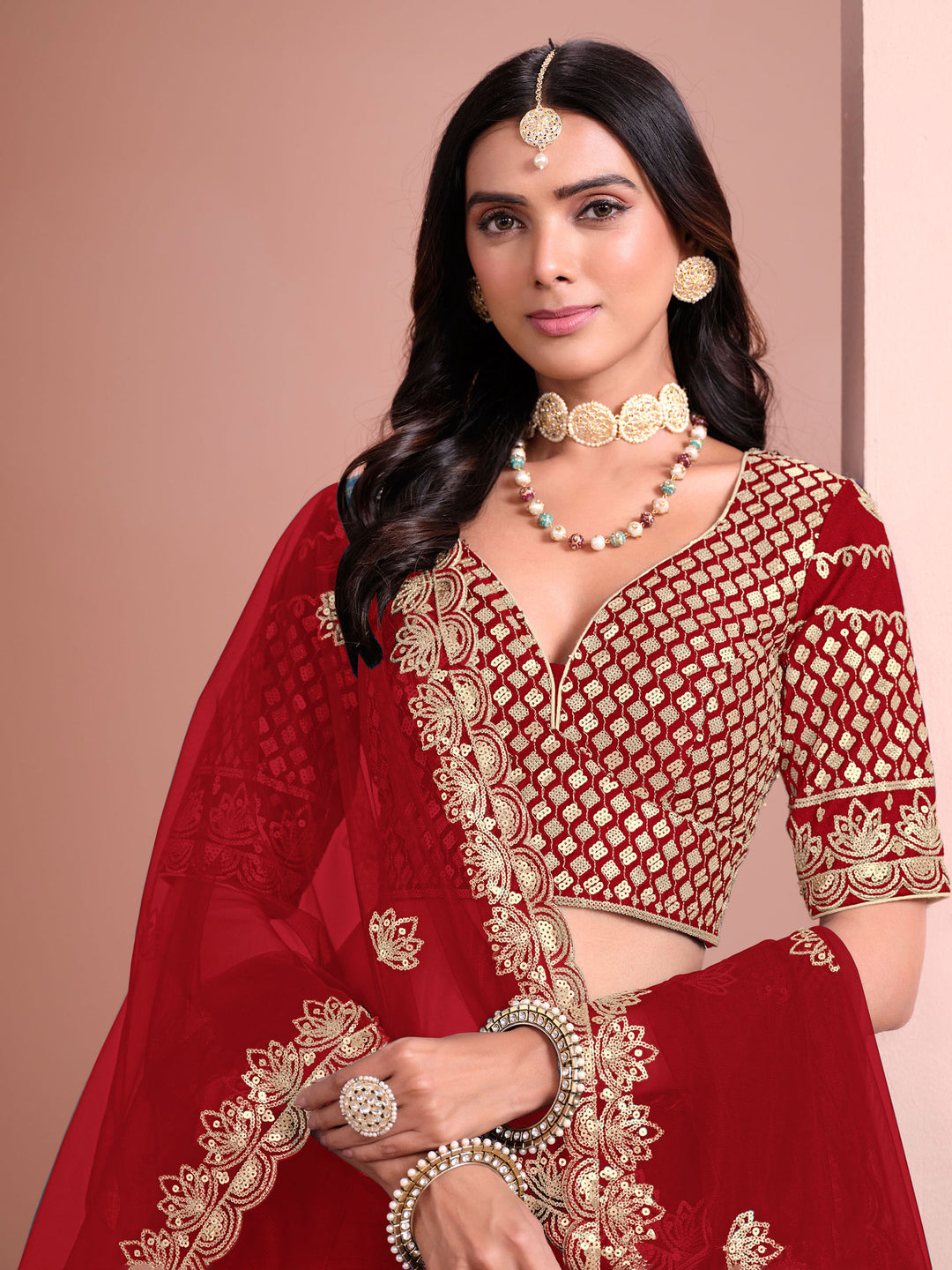 Red Embroidered Art Silk Semi Stitched Kurta Choli With Lehenga &amp; Dupatta