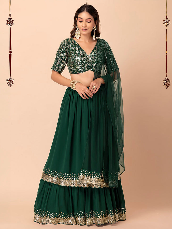 Green Georgette Embroidered Semi Stitched Lehenga Choli with Dupatta