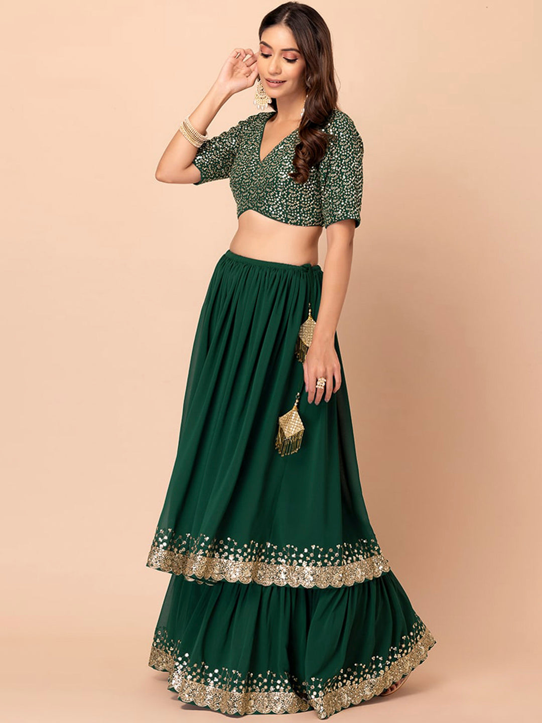 Green Georgette Embroidered Semi Stitched Lehenga Choli with Dupatta