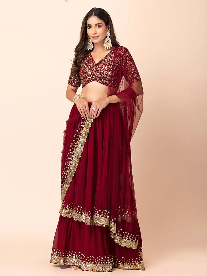 Red Georgette Embroidered Semi Stitched Lehenga Choli with Dupatta