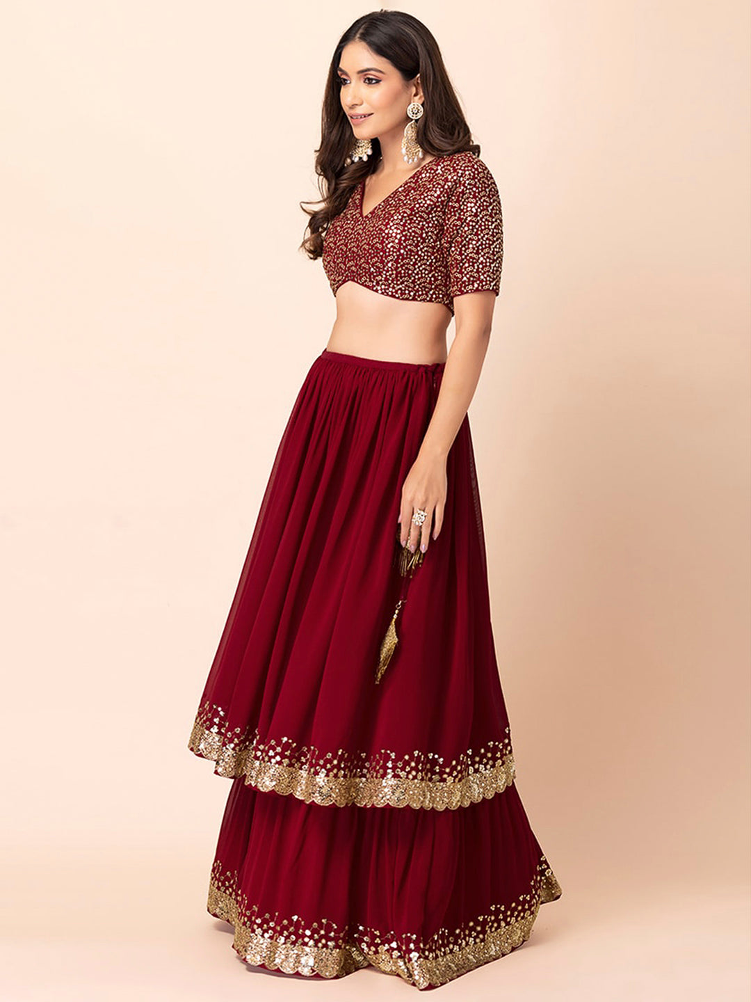 Red Georgette Embroidered Semi Stitched Lehenga Choli with Dupatta
