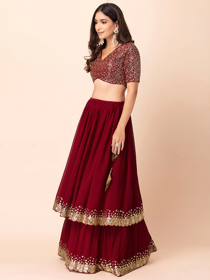 Red Georgette Embroidered Semi Stitched Lehenga Choli with Dupatta
