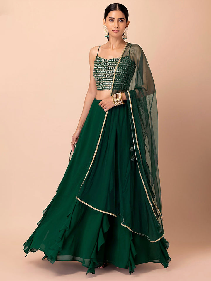 Green Georgette Embroidered Semi Stitched Lehenga Choli with Dupatta