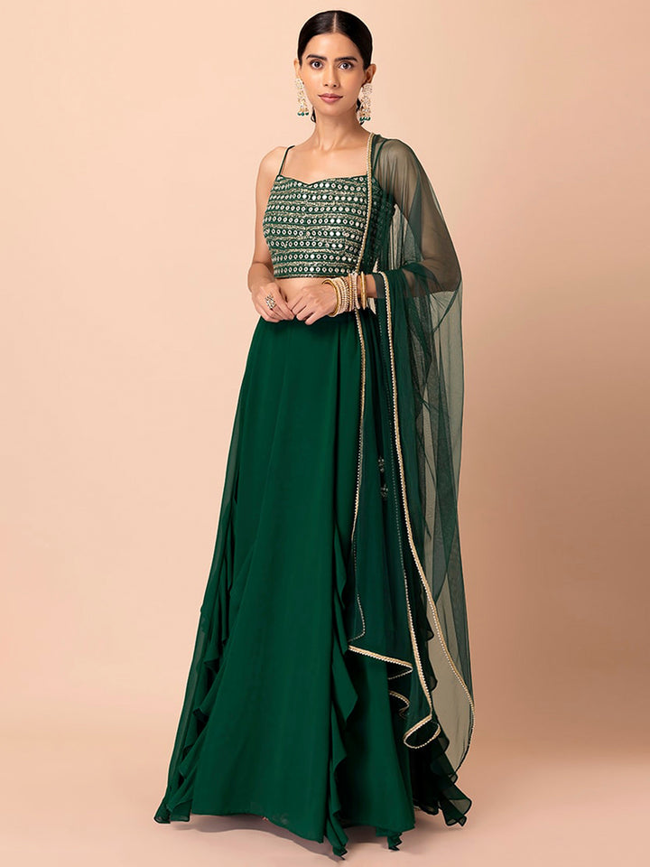 Green Georgette Embroidered Semi Stitched Lehenga Choli with Dupatta