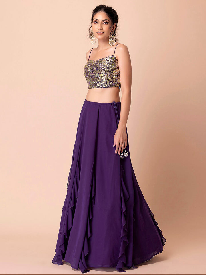 Purple Georgette Embroidered Semi Stitched Lehenga Choli with Dupatta