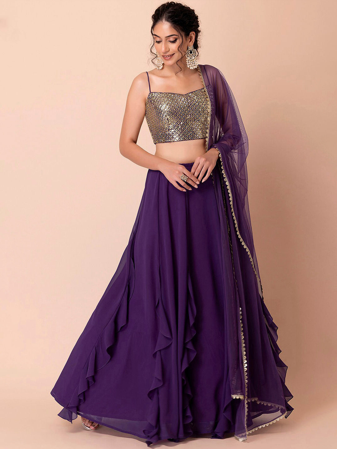 Purple Georgette Embroidered Semi Stitched Lehenga Choli with Dupatta