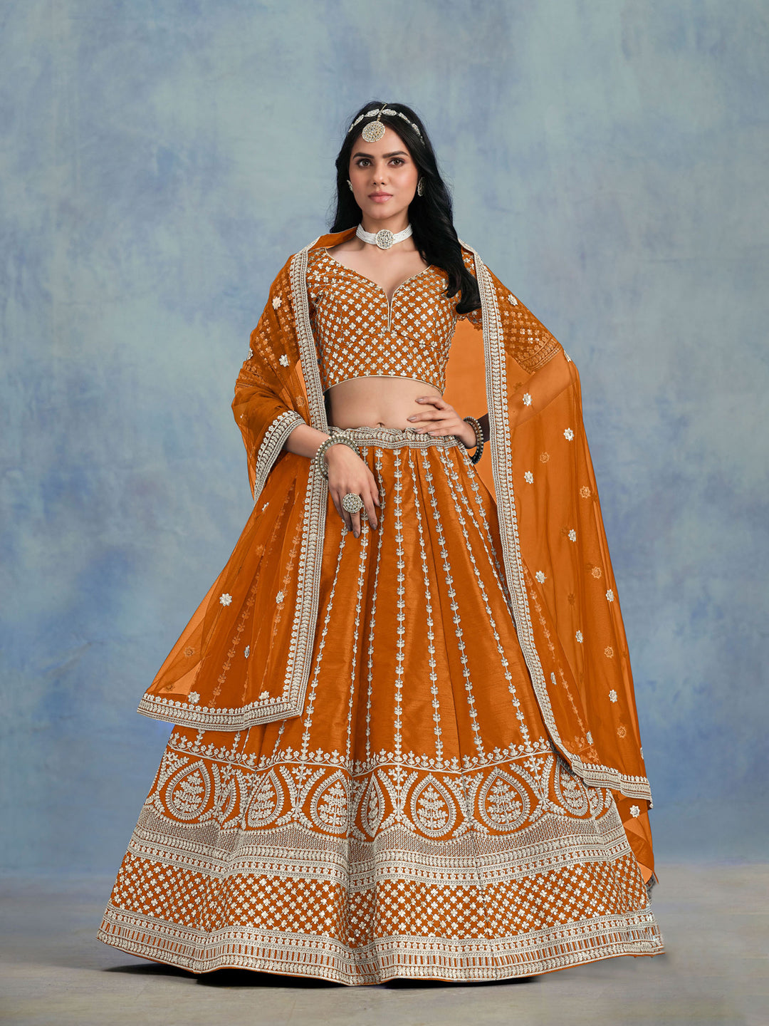 Orange Embroidered Art Silk Semi Stitched Kurta Choli With Lehenga &amp; Dupatta