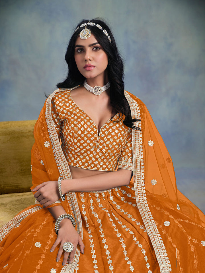 Orange Embroidered Art Silk Semi Stitched Kurta Choli With Lehenga &amp; Dupatta