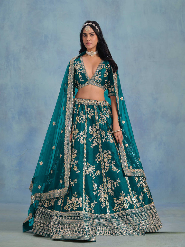 Rama Green Embroidered Art Silk Semi Stitched Kurta Choli With Lehenga &amp; Dupatta