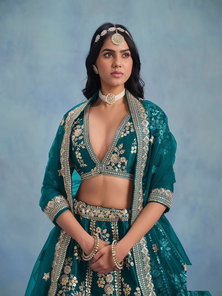 Rama Green Embroidered Art Silk Semi Stitched Kurta Choli With Lehenga &amp; Dupatta