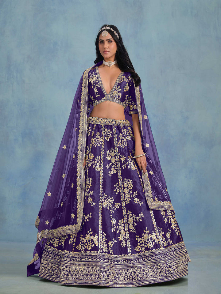 Purple Embroidered Art Silk Semi Stitched Kurta Choli With Lehenga &amp; Dupatta