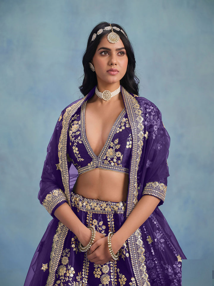 Purple Embroidered Art Silk Semi Stitched Kurta Choli With Lehenga &amp; Dupatta