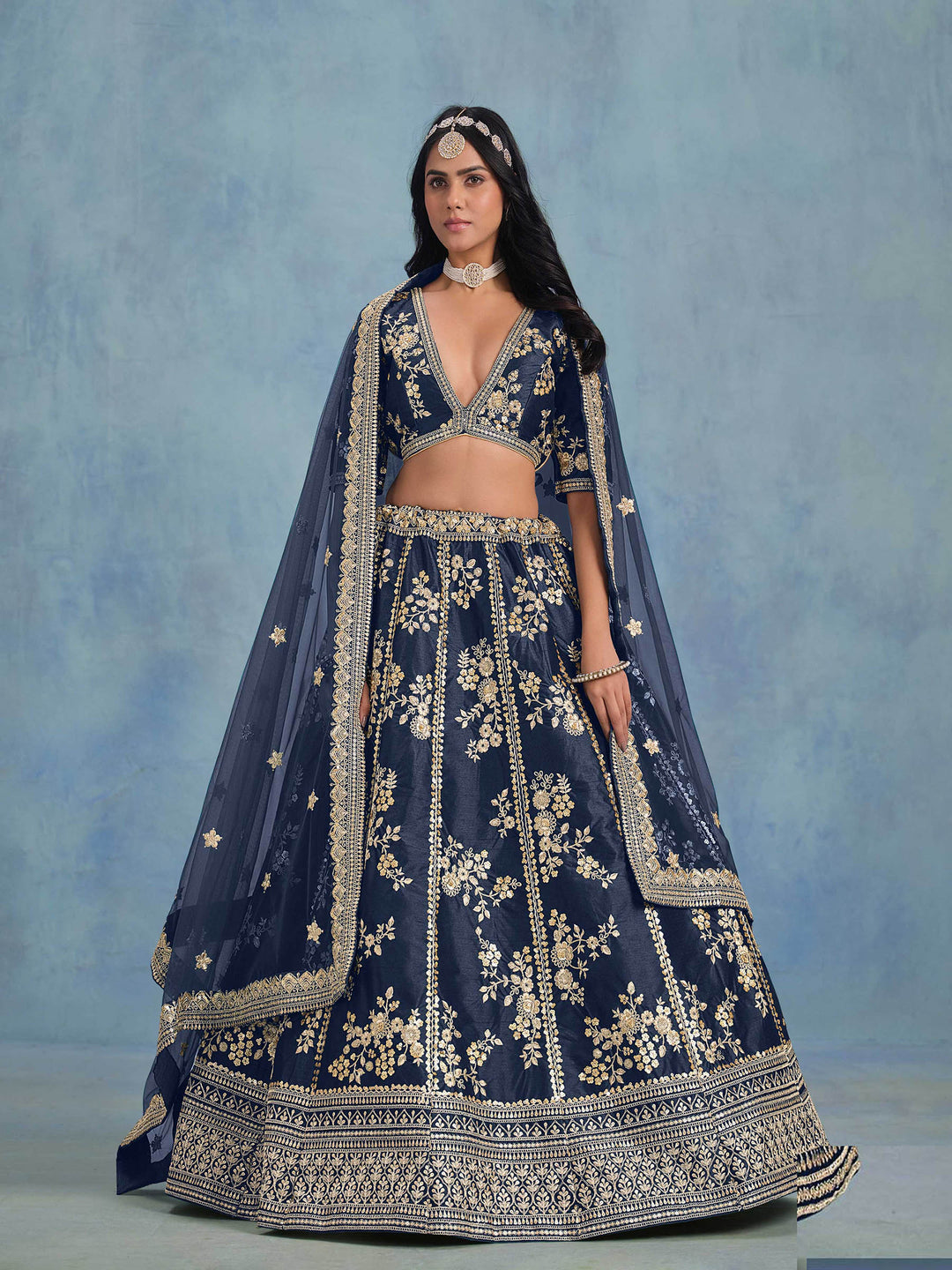 Navy Blue Embroidered Art Silk Semi Stitched Kurta Choli With Lehenga &amp; Dupatta