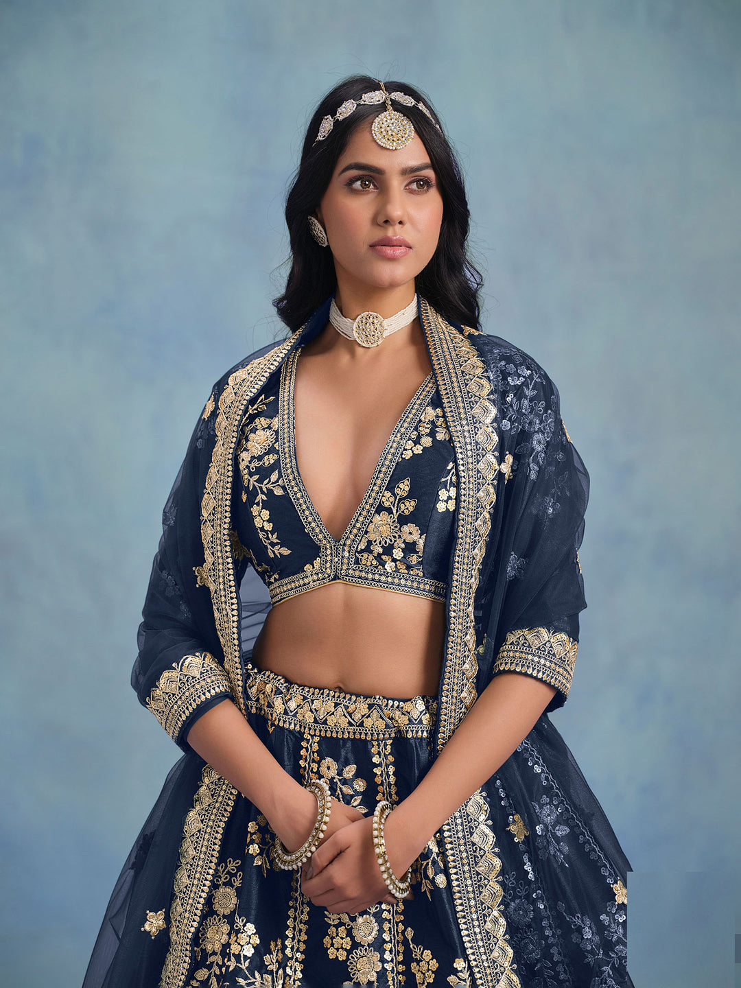 Navy Blue Embroidered Art Silk Semi Stitched Kurta Choli With Lehenga &amp; Dupatta