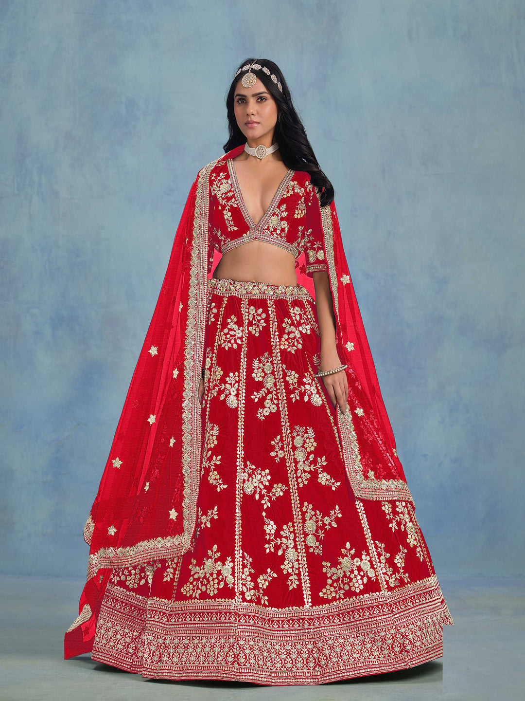 Red Embroidered Art Silk Semi Stitched Kurta Choli With Lehenga &amp; Dupatta