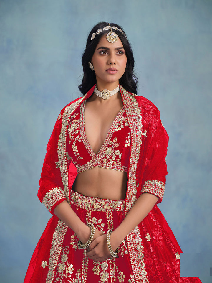 Red Embroidered Art Silk Semi Stitched Kurta Choli With Lehenga &amp; Dupatta