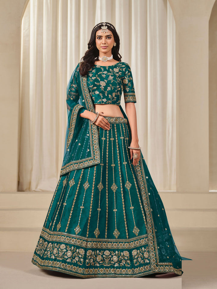 Rama Green Embroidered Art Silk Semi Stitched Kurta Choli With Lehenga &amp; Dupatta