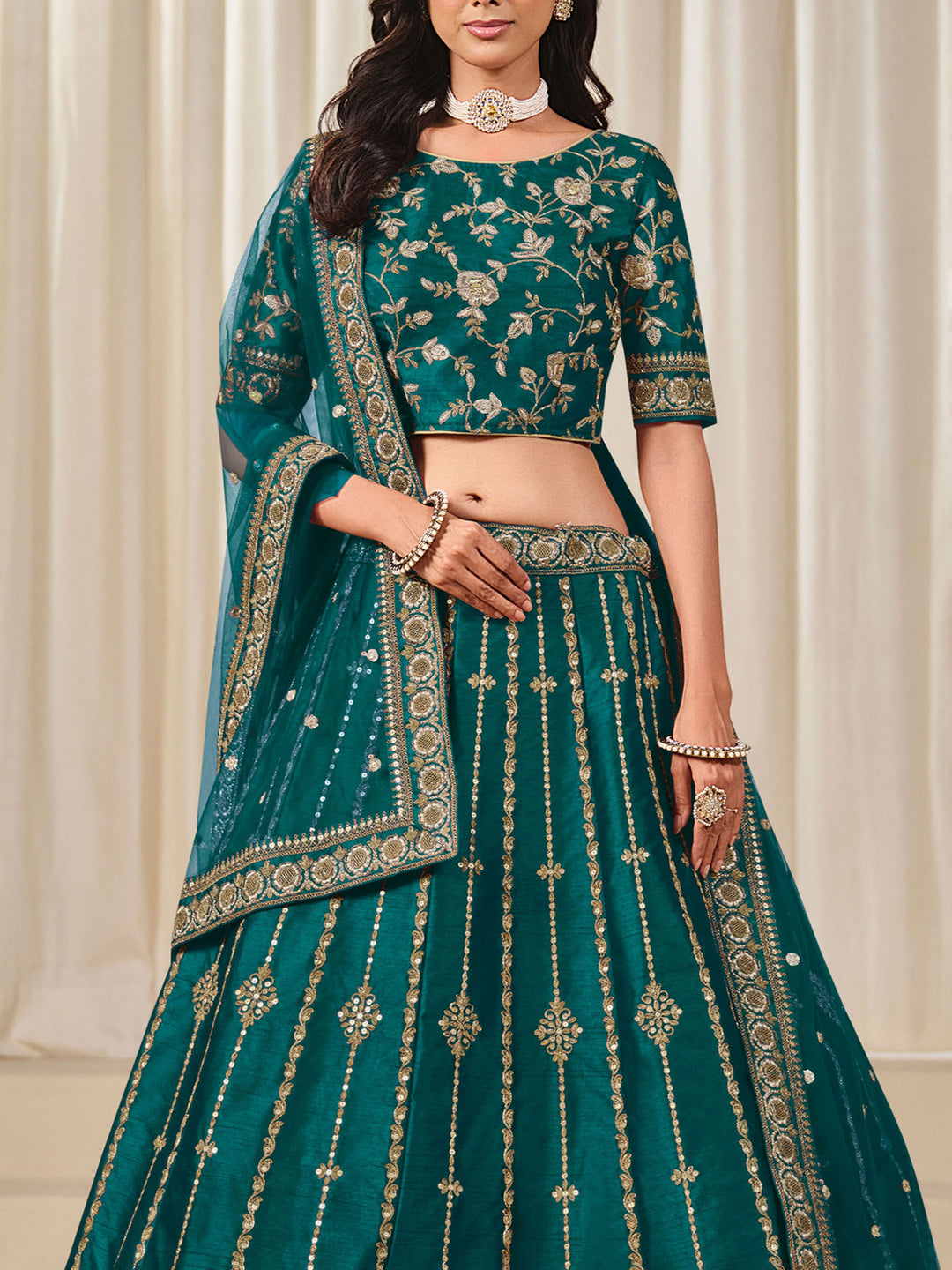 Rama Green Embroidered Art Silk Semi Stitched Kurta Choli With Lehenga &amp; Dupatta