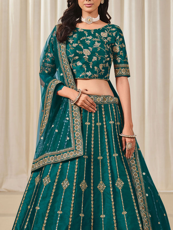 Rama Green Embroidered Art Silk Semi Stitched Kurta Choli With Lehenga &amp; Dupatta