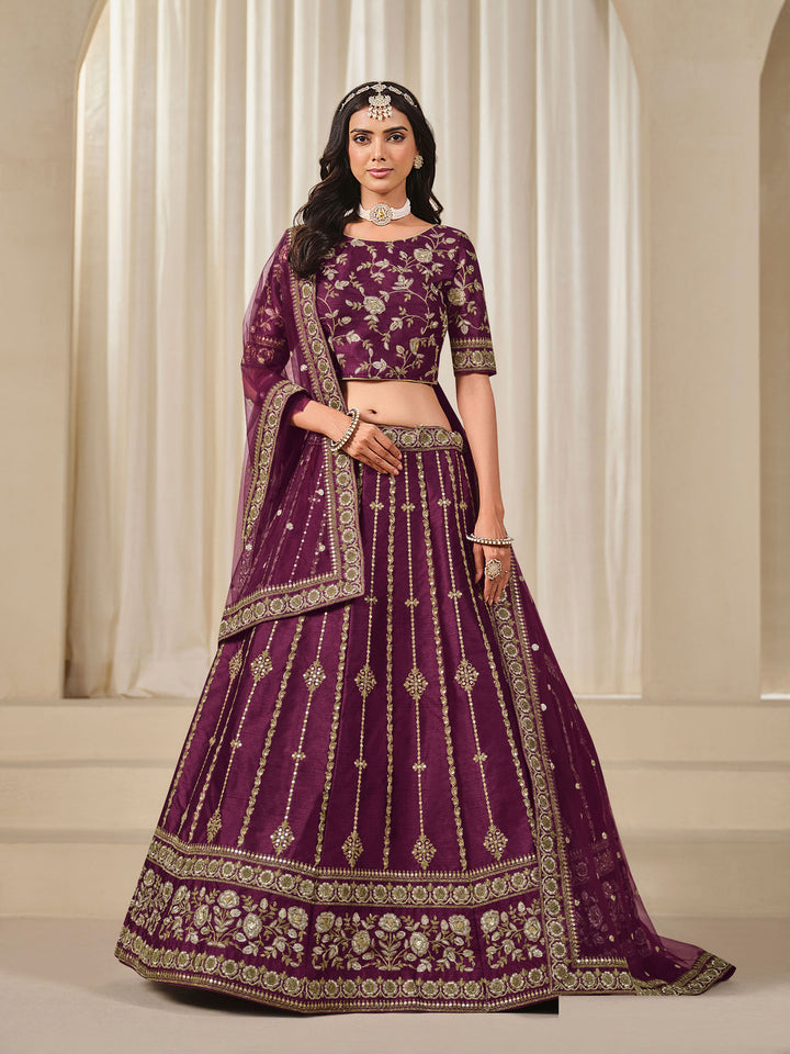 Purple Embroidered Art Silk Semi Stitched Kurta Choli With Lehenga &amp; Dupatta