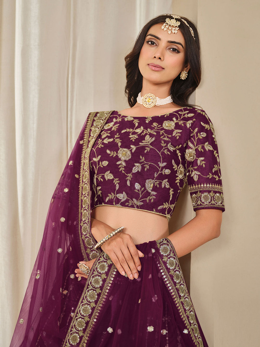 Purple Embroidered Art Silk Semi Stitched Kurta Choli With Lehenga &amp; Dupatta