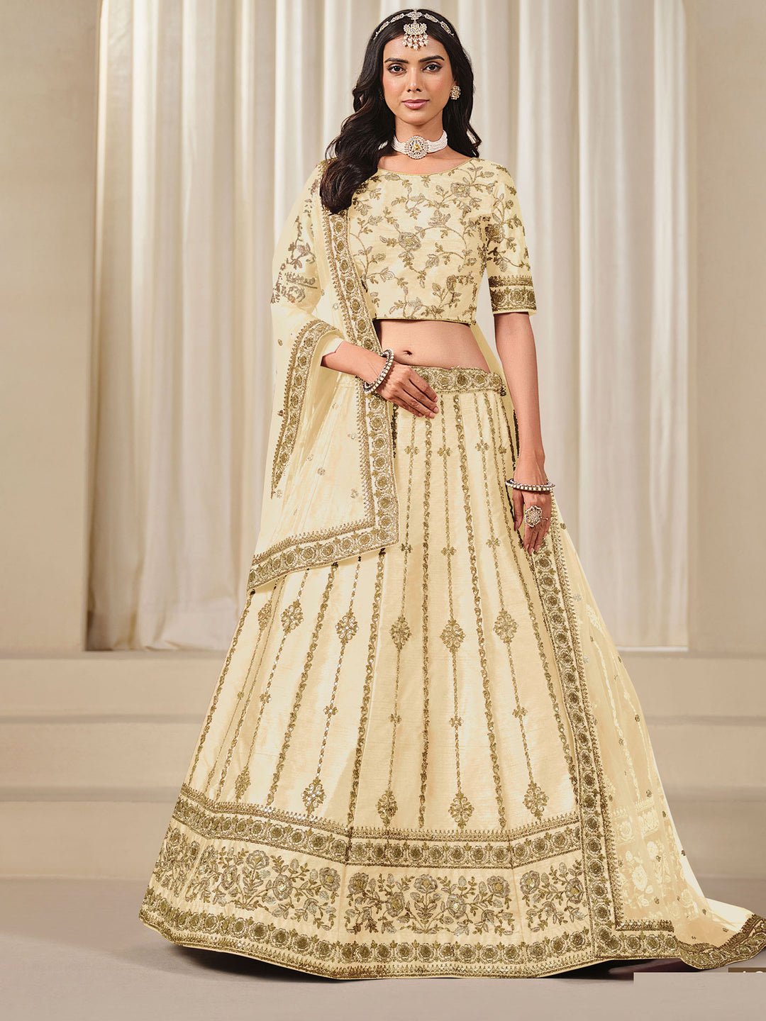 Cream Embroidered Art Silk Semi Stitched Kurta Choli With Lehenga &amp; Dupatta