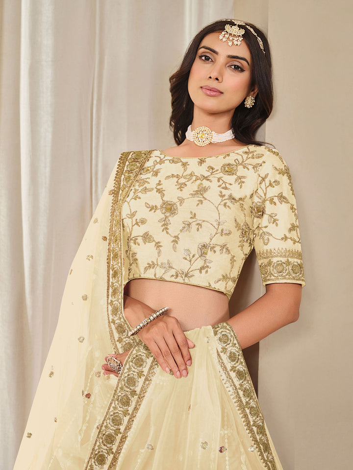 Cream Embroidered Art Silk Semi Stitched Kurta Choli With Lehenga &amp; Dupatta