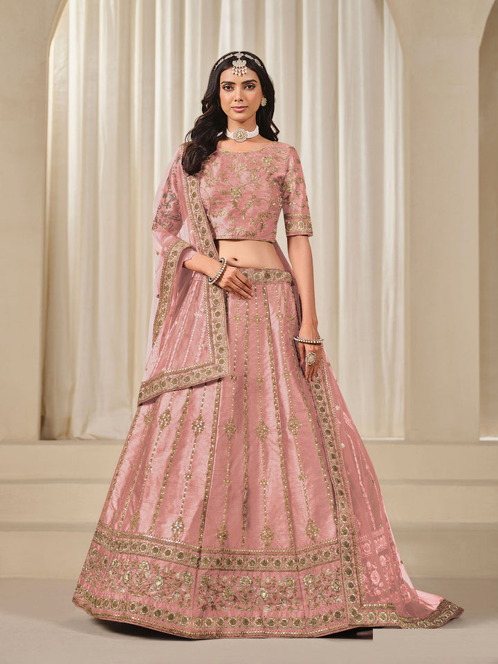 Pink Embroidered Art Silk Semi Stitched Kurta Choli With Lehenga &amp; Dupatta