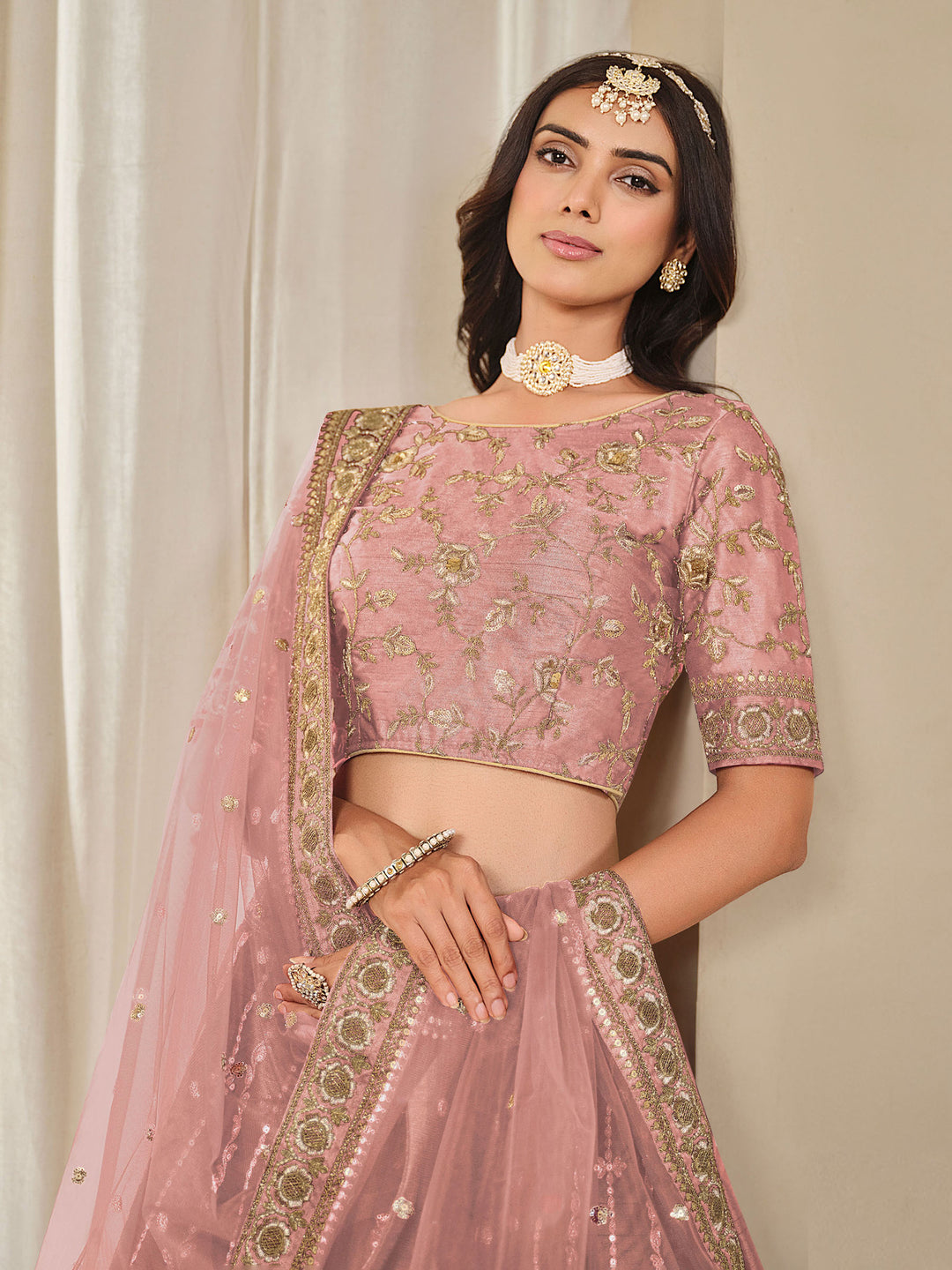 Pink Embroidered Art Silk Semi Stitched Kurta Choli With Lehenga &amp; Dupatta