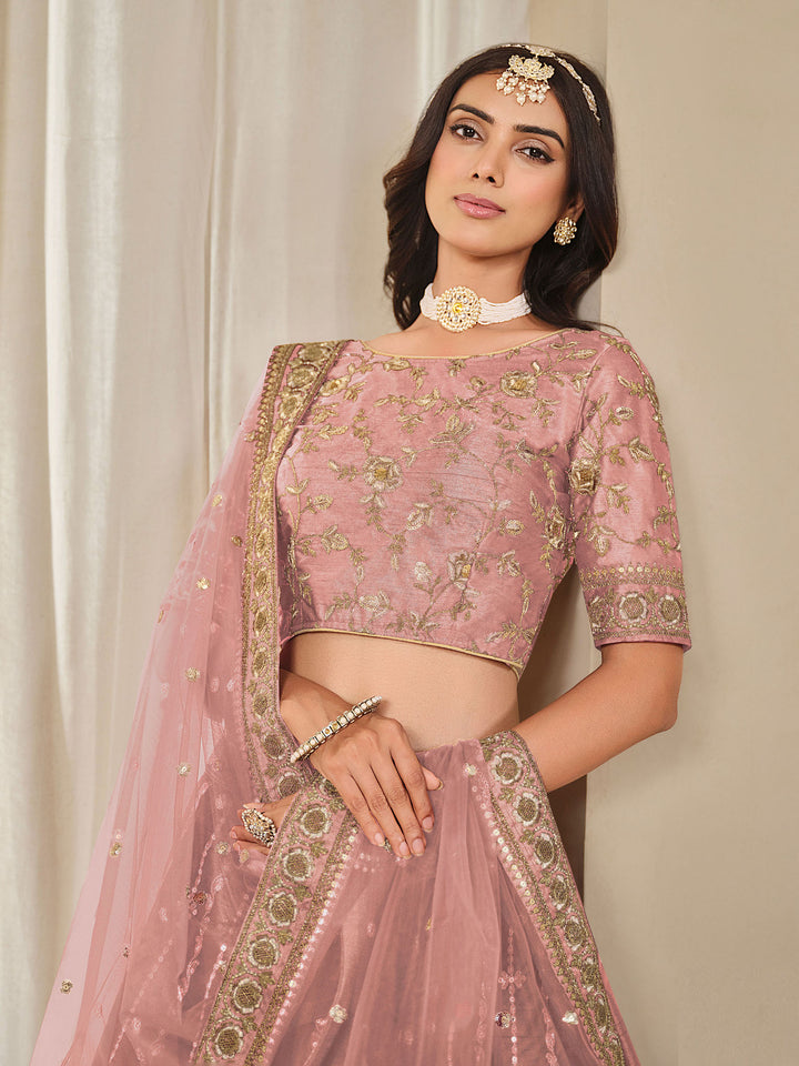 Pink Embroidered Art Silk Semi Stitched Kurta Choli With Lehenga &amp; Dupatta