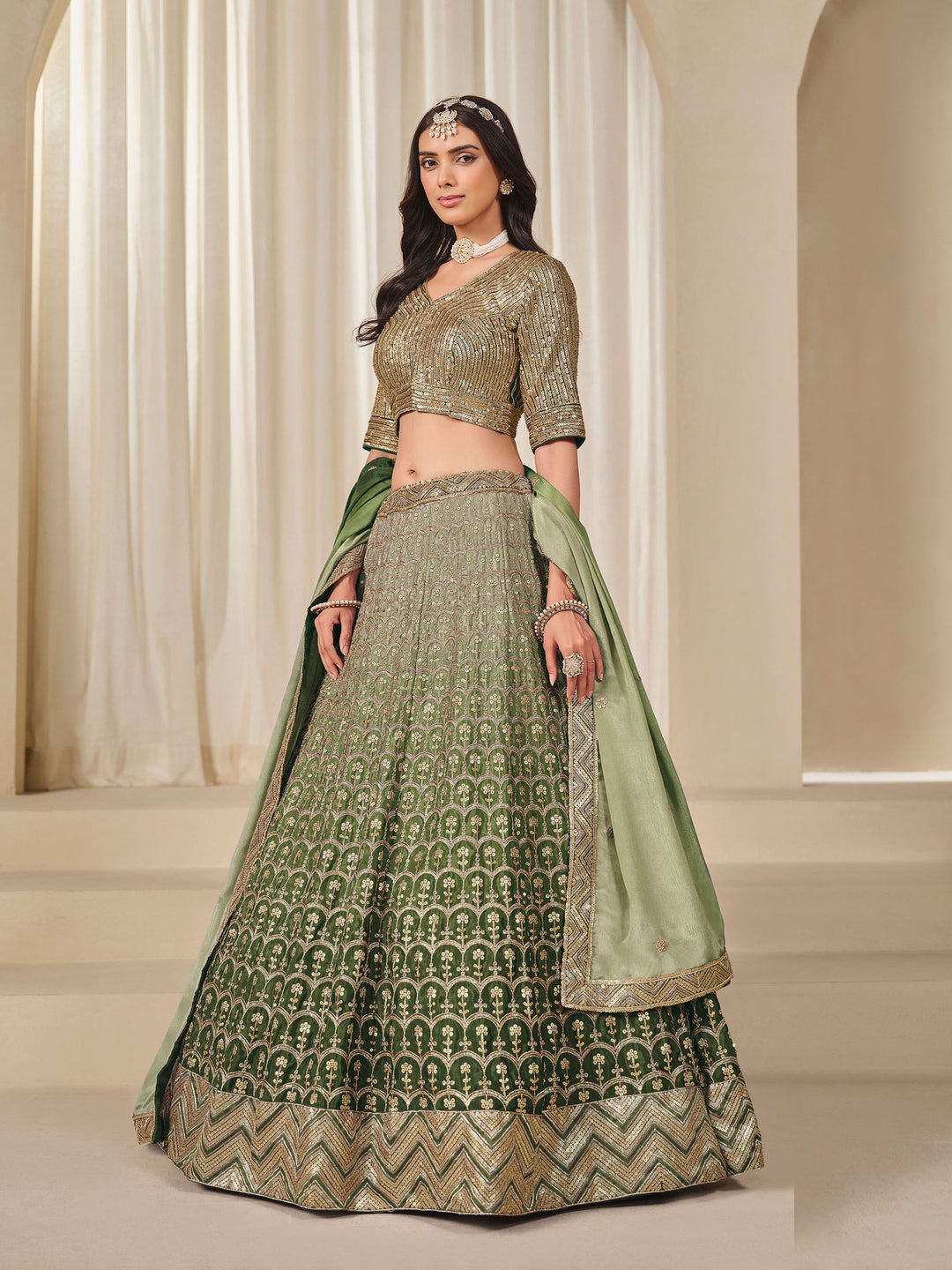 Mehndi Embroidered Chinon Semi Stitched Kurta Choli With Lehenga &amp; Dupatta