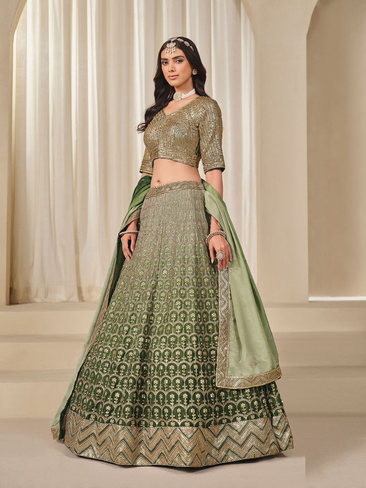 Mehndi Embroidered Chinon Semi Stitched Kurta Choli With Lehenga &amp; Dupatta