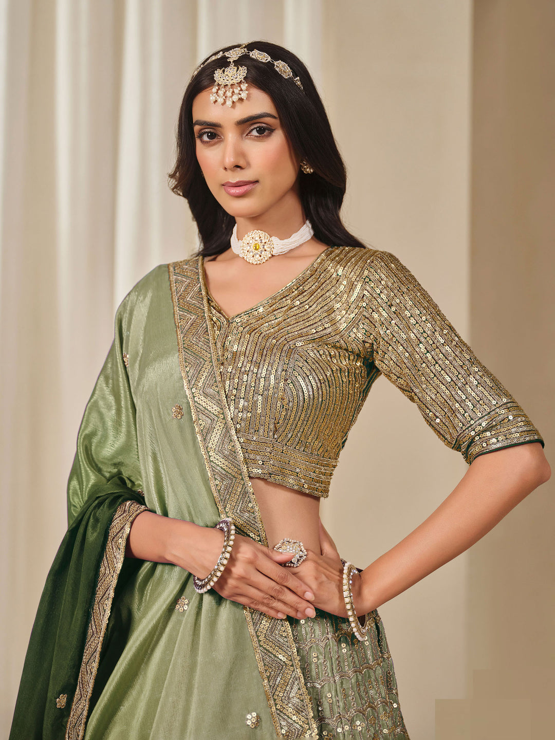 Mehndi Embroidered Chinon Semi Stitched Kurta Choli With Lehenga &amp; Dupatta